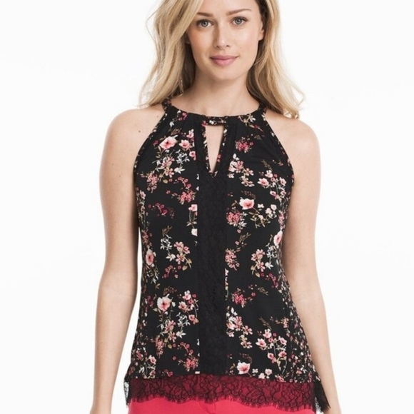 White House Black Market  Floral Black Sleeveless Halter With Lace Detail Size M - Picture 3 of 9